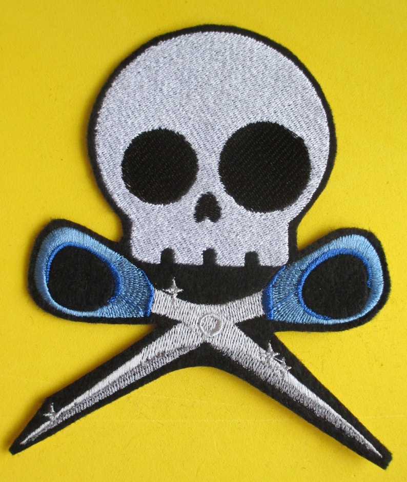 Gothic Patch Large Embroidered Skull with Scissors Applique Patch Iron On Running with Scissors Skeleton Sew On Skully and Scissors