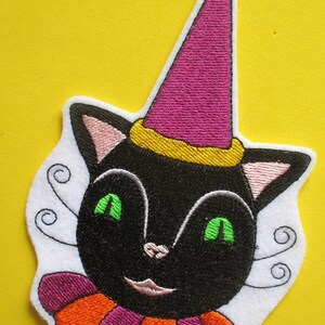 Large Embroidered Halloween Black Cat with Hat, Applique Patch, Iron On or Sew On, Halloween Costume, Home Decorations, Crafts,  Kitty