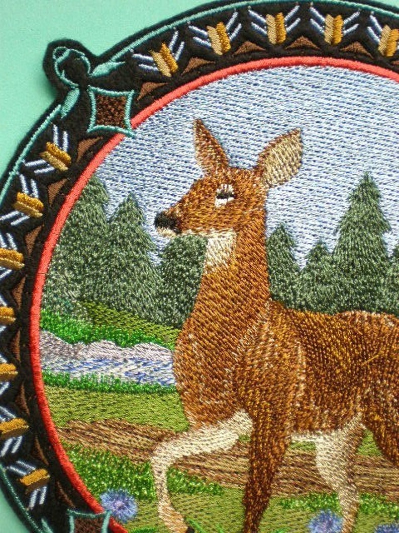 Extra Large Embroidered White-tailed Doe Shield, Outdoorsman, Nature, Hiker, Offered as Iron On Patch, Sew On Applique Patch image 3