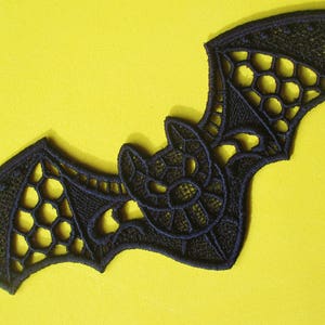Large Embroidered Lace Bat Applique, Halloween, Decor, Clothing, Jewelry, Costumes, Quilts, and more, Black Bat
