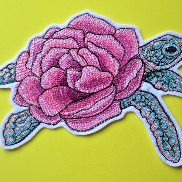 XL Embroidered Floral Sea Turtle Applique Patch, Beach Cottage Pillows, Beach Bags, Jackets and Cover Ups, Turtle, Roses, Home Decor, More