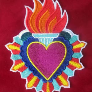 Extra Large Embroidered Milagro ( Miracle ) Heart, Torch, Flame Applique Patch, Biker Patch, Spanish, Mexican, Iron On or Sew On, Valentine
