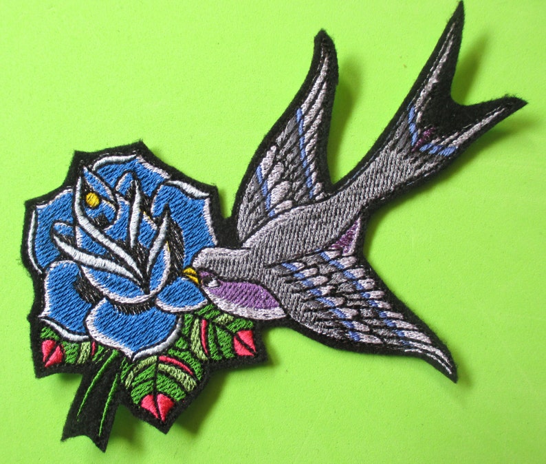 Large Embroidered Bird Swallow Applique Patch Tattoo Style Etsy