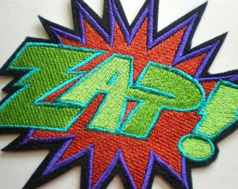 Large Embroidered ZAP Iron-On Patch, Super Hero Patch, Bright Colors, Applique