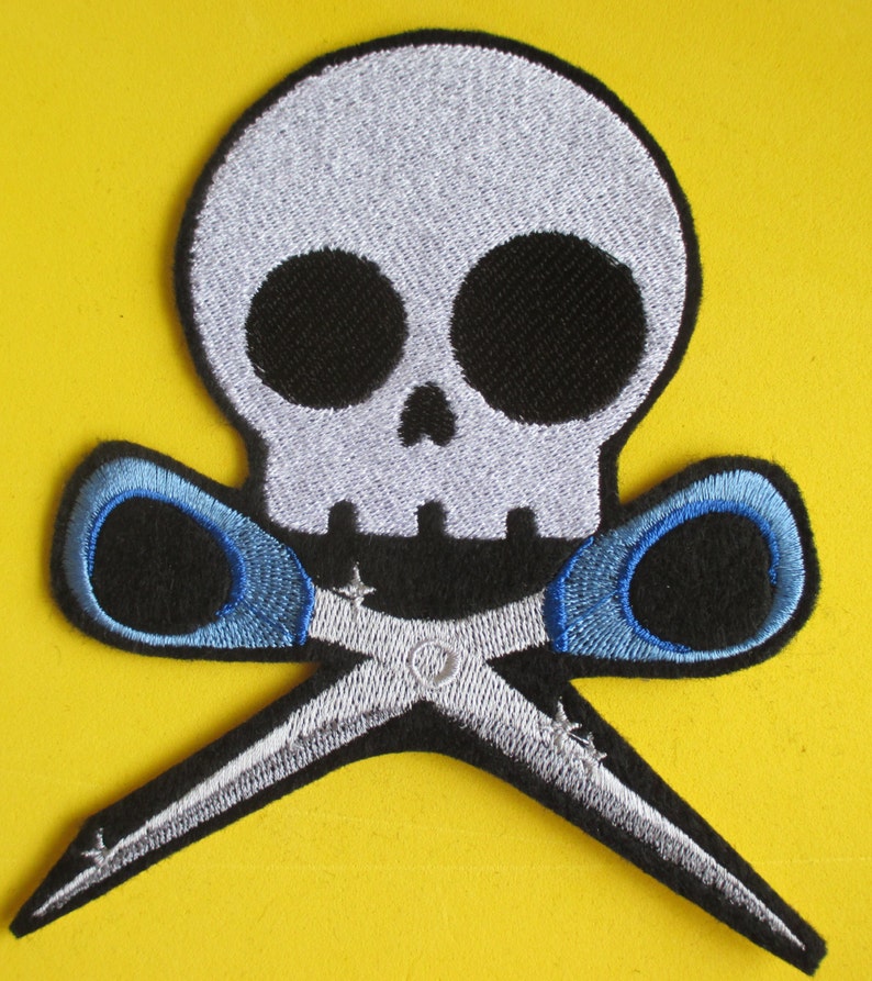 Gothic Patch Large Embroidered Skull with Scissors Applique Patch Iron On Running with Scissors Skeleton Sew On Skully and Scissors