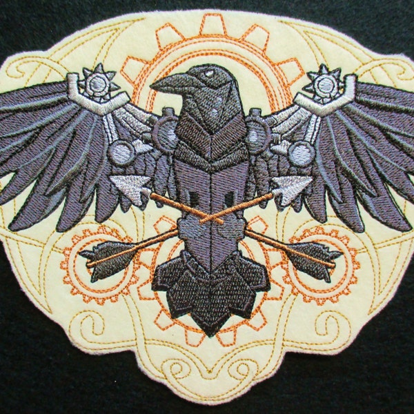 Extra Large Embroidered Western Steampunk Raven Applique Patch, Iron On, Sew On, Gothic, Biker, Western Style Steampunk, Wheeles and Gears