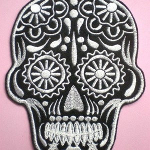 Medium 6 by 5 inch Embroidered Sugar Skull Applique Patch, Day of the Dead, Gothic, Halloween, Biker, Mexican, Mexico, Iron On or Sew On image 1