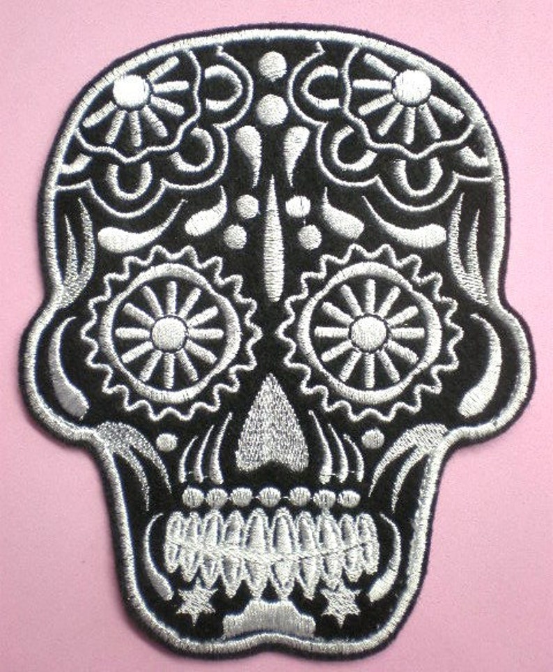 Medium 6 by 5 inch Embroidered Sugar Skull Applique Patch, Day of the Dead, Gothic, Halloween, Biker, Mexican, Mexico, Iron On or Sew On image 1