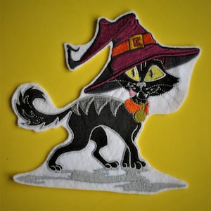 XL Embroidered Halloween Cat Applique Patch, Iron On Patch, Sew On Patch, Cat with Witches Hat, Halloween Costumes and Decor, Crafts, Bags