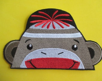 Extra Large Embroidered Boy Sock Monkey Applique Oatch, Peek-a-Boo Sock Monkey, Iron On, Sew On, Back packs, Bibs, Clothing, Bags and More