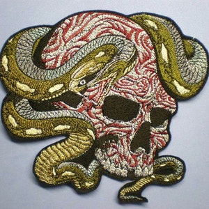 8.29  X  7.67 in. Extra Large Embroidered Skull and Snake Iron On Applique Patch, Ornate Skull Patch, Gothic Style, Biker Patch, Edgy  Dark