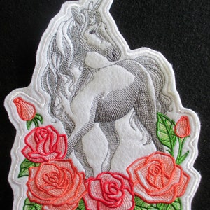 Extra Large Embroidered Unicorn  and Roses Applique Patch, Fantasy Patch, Jacket Patch, quilts, Crafts, and Home Decor