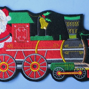 Jumbo Size Embroidered Engine Applique Patch from the Santa Train, Santa Waves from the Christmas Train. Santa Claus, LIMITED