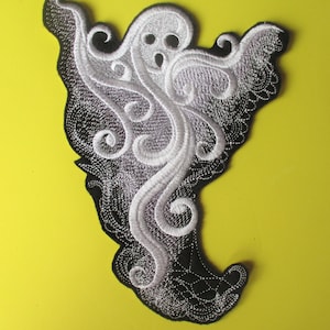 Large  Embroidered Baroque Ghost Applique Patch, Halloween Costume and Decor, Iron On or Sew On, Ghost on Bags, Denim, or Craft Projects
