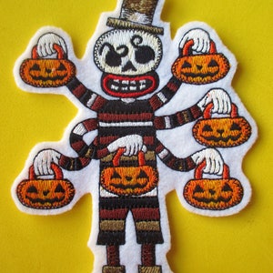Embroidered Sugar Skull Skeleton Applique Patch, Six Armed Pumpkin Man, Pumpkins, Top Hat and Skeleton, Iron On, Sew On, Halloween Patch