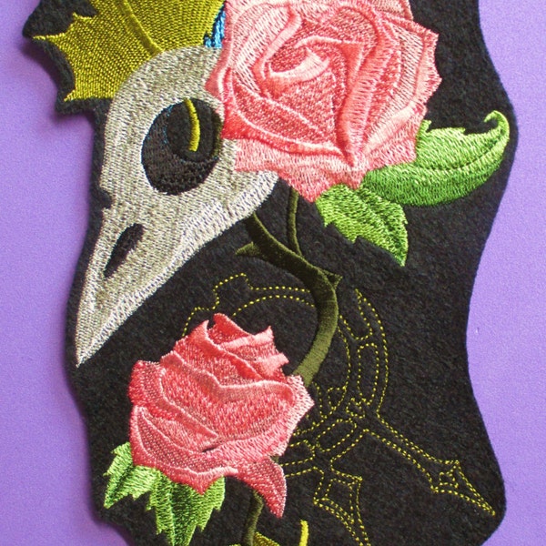 Extra Large Embroidered Bird Skull, Roses, Feathers, Maple Leaves, Clockworks Applique Patch, Gothic, Biker, Southwestern, Iron or Sew On