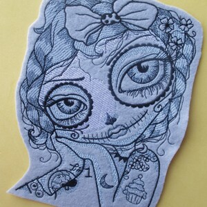 Large 8 by 6 Embroidered Applique Patch, Tattoo Girl, Inked, Blue on Gray, Biker Patch, Gothic, Edgy but Sweet Tattoo Girl,  Crafts, Decor