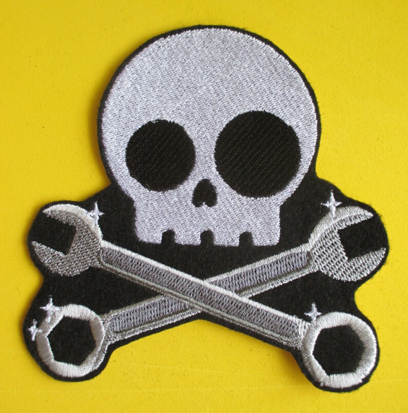 Embroidered Mechanic Skull and Wrench Cross Bones Applique Etsy