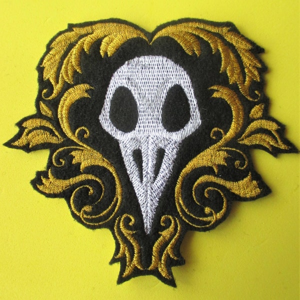 Small Embroidered Bird Skull in Golden Baroque Framing Applique Patch, Biker Patch, Denim, Totes, Bags, Crafts and More Uses, Iron or Sew On