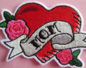 Embroidered Tattoo Style Heart,  Mom and Roses Biker Patch, Iron On, Sew On. Applique Patch