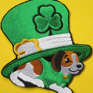 Large Embroidered St. Patrick&#39;s Day Applique Patch, Lucky Clover, Top Hat and a Beagle Puppy, Shamrock,  Green and Luck of the Irish