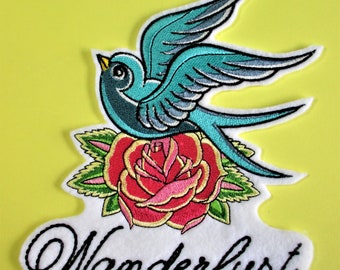 XL Embroidered Turquoise Raven Applique Patch, Wanderlust, Adventure, Biker Patch, Bird, Roses, Tattoo Style Patch, Bags and Jacket Patch