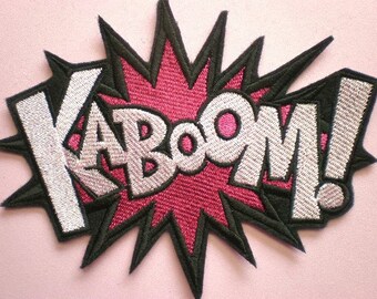 Large Embroidered KABOOM Applique Iron On Patch, Pink and Black Patch, Cancer Awareness