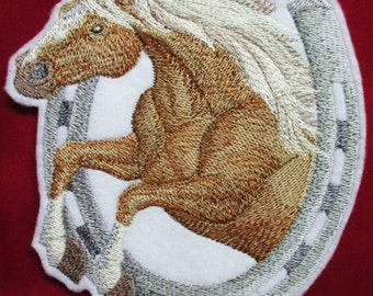 Large Embroidered Horse and Horseshoe Applique Patch, Haflinger Horse, Western, Southwestern, Iron On or Sew On, Chestnut  Haflinger Horse