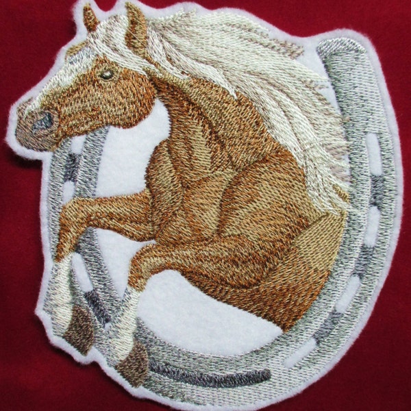 Large Embroidered Horse and Horseshoe Applique Patch, Haflinger Horse, Western, Southwestern, Iron On or Sew On, Chestnut  Haflinger Horse
