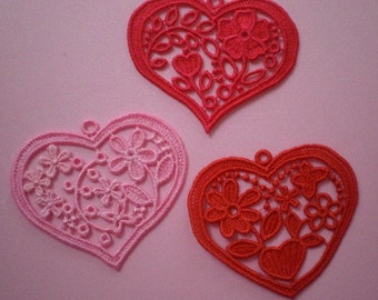 Embroidered Pink and Red Lace Hearts, Appliques, Crafts, Scrapbooking, Decorations, Crazy Quilt and Weddings