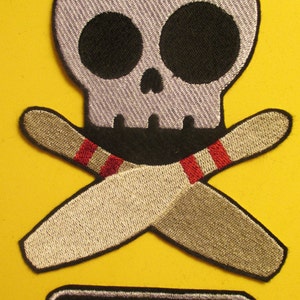 Large Embroidered Bowler Skull and Bowling Pins Cross Bones Applique Patch, Bowler Skully, Skeleton, Bowling Shirt Applique,  with Name Tag