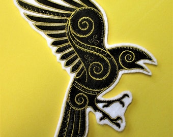 Large Embroidered Applique Patch, Raven, Eagle, Sparrow, Bird, Applique Patch, Black and Gold, Iron On, Sew On, Tattoo Style, Jackets, Vests