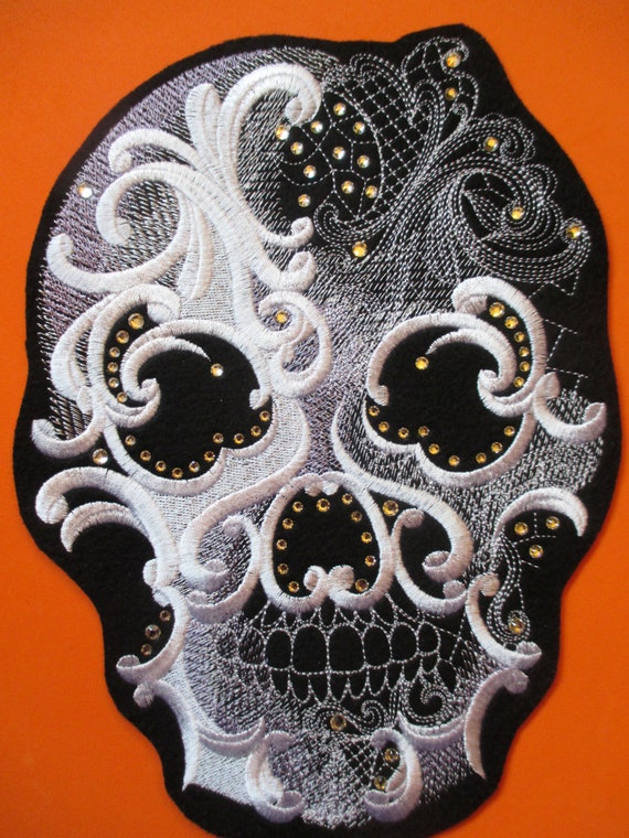 Skull Silver Glitter w//Rhinestones Biker Retro Goth Iron On Embroidered Patch