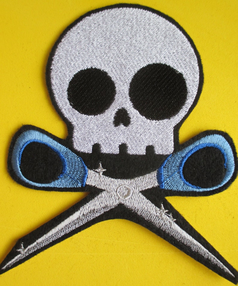 Gothic Patch Large Embroidered Skull with Scissors Applique Patch Iron On Running with Scissors Skeleton Sew On Skully and Scissors