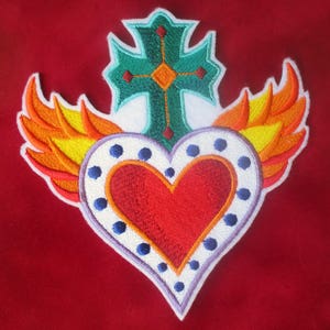Extra Large Embroidered Milagro ( Miracle ) Heart Cross Flame Applique Patch, Biker Patch, Spanish, Mexican, Iron On or Sew On, Valentine