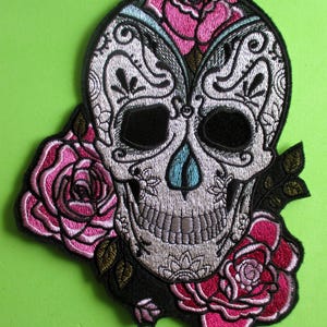 Extra Large Embroidered Sugar Skull Applique Patch, Roses, Spider Web, Pinks and Gray, Motorcycle Patch, Biker Patch, Iron On or Sew On