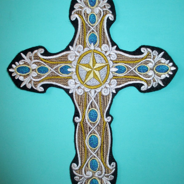 Extra Large Embroidered Western Cross Applique Patch, Southwestern Style, Biker Patch, Cross with Star and Turquoise Jewels, Ornate Cross