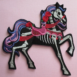 Embroidered Day of the Dead Horse, Horse Skeleton, Iron On Applique Patch, Sew On Patch, Dia de los Muertos, Gothic, Biker, Sugar Skull