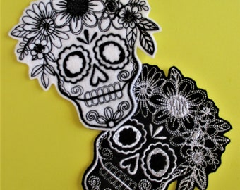 Med. Embroidered Sugar Skull Applique Patch, Iron On, Sew On, Halloween, Day of the Dead, Crown of Flowers Sugar Skull,  Crafts  n' Clothes