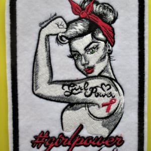 5 X 7 Large Embroidered Girl Power Applique Patch, &quot;Rosie The Riveter&quot; Style Patch, Handbags and Totes, Crafts, Quilts and more, Biker Patch