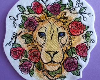 Extra Large Embroidered Lion with Roses Applique Patch, Leo the Lion, Motorcycle Patch, Jacket Patch Biker Patch, Iron On or Sew On, Roses