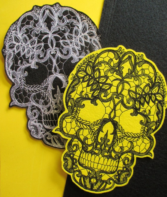 Ex. Large Embroidered Lace Patterned Sugar Skull Applique Patch, Iron On, Sew On, Gothic, Biker, Day of the Dead, Dia de Los Muertos, Mexico