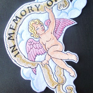 Large Embroidered  &quot; In Memory Of &quot; Applique Patch, Angel, Wings , Metallic Gold on Banner, Includes Name Tag, Biker Patch, Guardian Angel