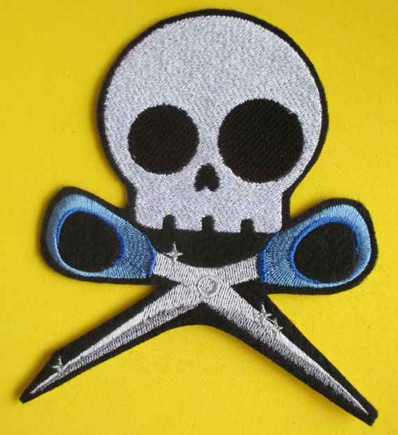 Large Embroidered Skull With Scissors Applique Patch, Skully and Scissors,  Gothic Patch, Running With Scissors, Iron On, Sew On, Skeleton 