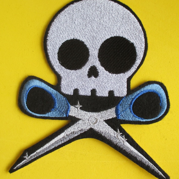 Large Embroidered Skull with Scissors Applique Patch, Skully and Scissors, Gothic Patch, Running  with Scissors, Iron On, Sew On, Skeleton