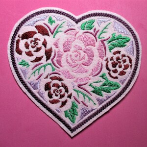 Large Embroidered Valentine&#39;s Day Heart with Roses Applique Patch, Iron On or Sew On, Home Decor, Crafts, Clothing and more