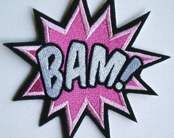 Large Embroidered BAM Iron On Patch, Applique,  Super Power, Girl Power, Hero,  Girls, Word Patch, Pink Power, Cancer Awareness Patch