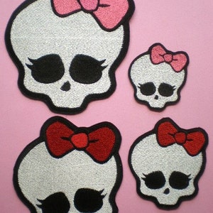 Large Size Embroidered Monster High Skull with Bow, Iron On Patch, Applique Patch, Gothic, Halloween, Skull Patch