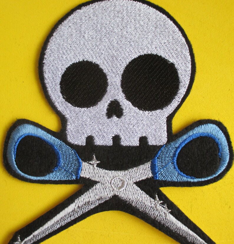 Gothic Patch Large Embroidered Skull with Scissors Applique Patch Iron On Running with Scissors Skeleton Sew On Skully and Scissors