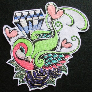 Large Embroidered Colorful Raven with Diamond, Hearts, Roses, Applique Patch, Tattoo Style Patch, Biker Patch, Iron On , Sew On, Raven, Bird